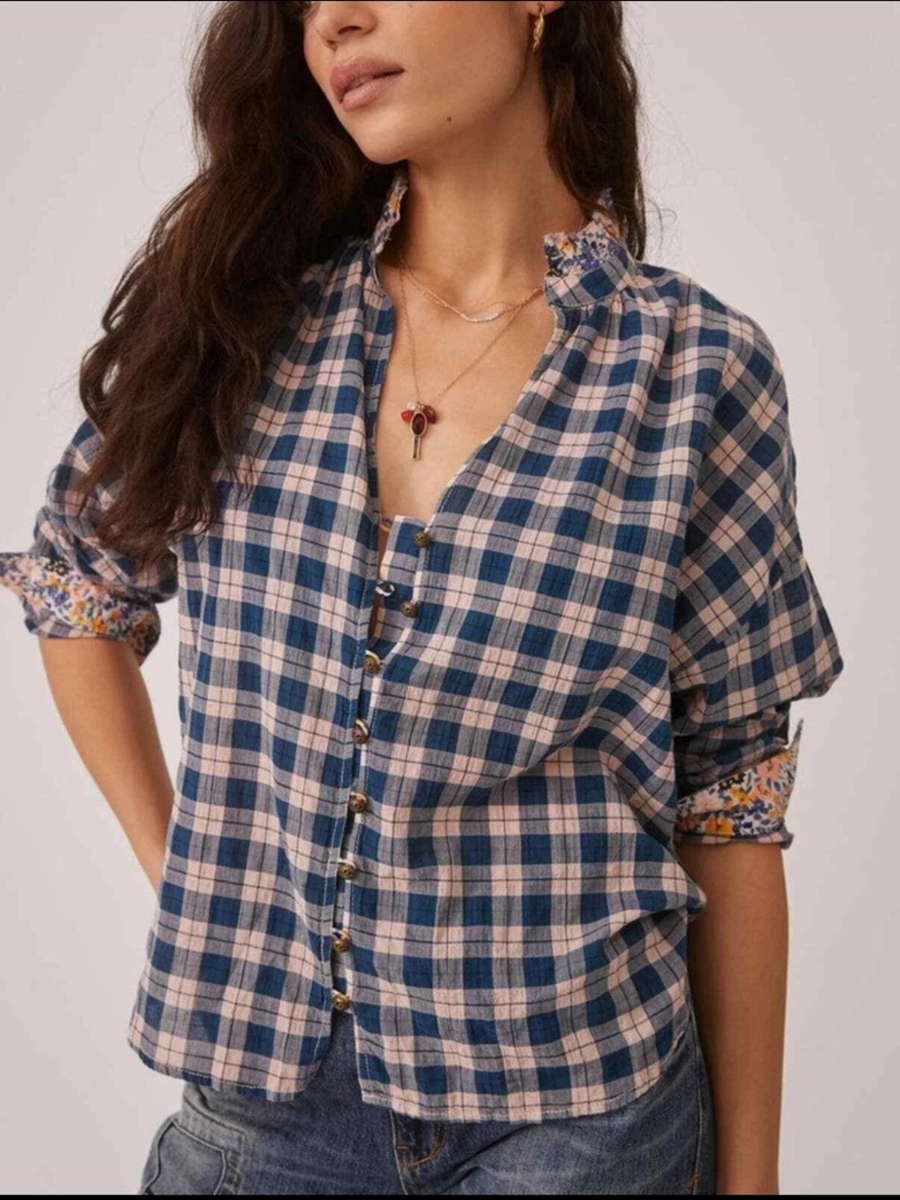Anthropologie Pilcro Plaid Button Down Shirt with Floral Cuffs